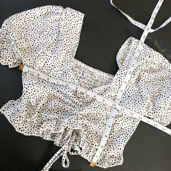 Shein Polka Dot Ruched Puff Sleeve Drawstring Crop Top Small - Picture 4 of 5